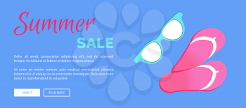 Summer sale web poster with slide sandals or flip-flops and sunglasses vector illustration banner on blue background, summertime accessories