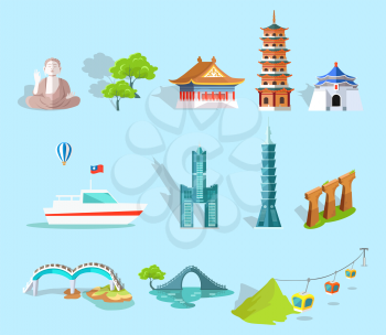 Set of Taiwan Attractions. Vector illustration of Chiang Kai-shek Hall, Confucius Temple, lasting Taipei, Dragon and Lunar Bridges, Skyscraper Tanteks, Maokong Cableway, statue of Buddha, white boat.