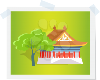 Oriental house or theatre near green tree image attached by scotch tape. Vector illustration in flat design of photograph isolated on white with traditional asian building having triangular roof