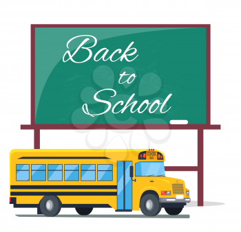 Back to school written on green blackboard, inscription made by white chalk, icon of yellow school bus used as student transport isolated vector on white