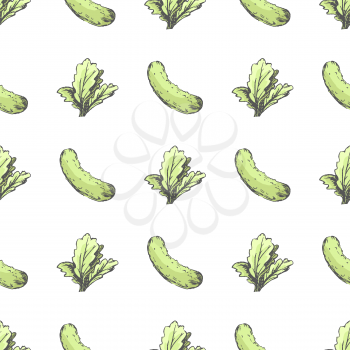 Fresh cucumber and leafy lettuce seamless pattern. Vegetable and salad vector illustrations formed in endless texture. Healthy vegan food ornament.