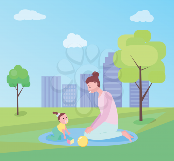 Woman playing with baby on mat outdoor, mother and daughter sitting on grass near trees, funny time, sunny weather, green nature and summertime vector