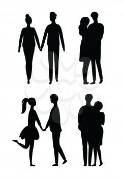 People silhouettes isolated young couple in love. Vector hugging man and woman, embracing lovers monochrome teenagers. Young and middle age males and females