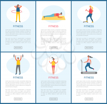 Fitness websites vector, people in gym losing weight and keeping fit. Man and woman using hoop, running machine and map, dumbbells and heavy barbell