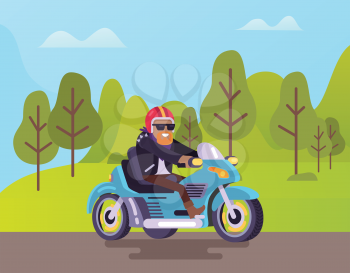 Motorcycle with biker vector, man wearing glasses and helmet riding bike. Nature with greenery of trees, road and bearded biker with smile on face
