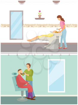 Hair styling and barber shop service set vector. Hairstyle changes for men and women, hairdresser washing head of client, color looks modification