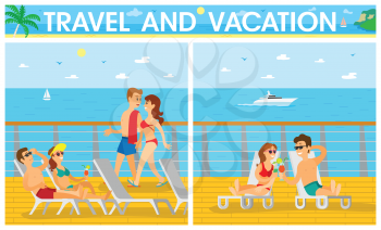 Travel and vacation on cruise liner, men in shorts and women in swimsuit lying on chaise lounge. Cloudy sky and ocean view from ship, sunbathing vector