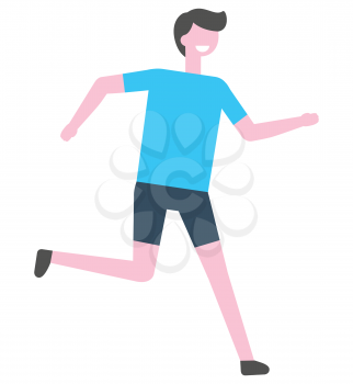Jogging person vector isolated cartoon character. Marathon runner in blue t-shirt, sprinter jogger active lifestyle athletic animated male in cartoon design