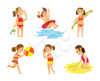 Women in swimsuit isolated on white, girl playing with ball and seashell, drawing on sand, swimming with inflatable circle, eating ice cream vector