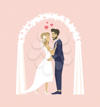 Man and woman on engagement party, people wearing formal clothes standing under arch decorated by veil and mesh, hearts and love flat style. Wedding day vector