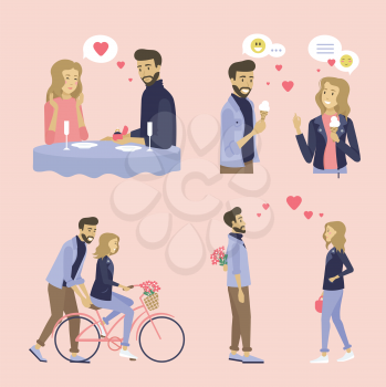 People in love on dates vector, set of couples activities, woman on bicycle, eating ice cream and dating dinner in restaurant, male proposing to lady flat style. Date with gerlfriend an boyfriend