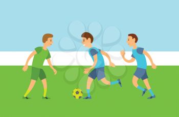 Men character playing football, group of males running with ball on field, people full length view in sportswear, competition or training, match vector