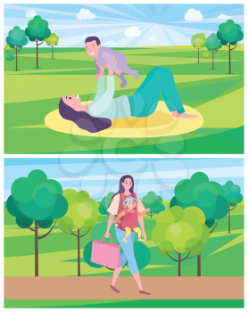 Mother and kid spending time together vector, woman laying on mat and raising kid, son childhood. Lady walking with bag carrying baby, forest trees
