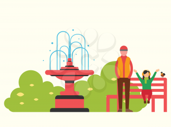 Family walking near foutain on red bench. Standing man near green brushes and sitting child in headphones with raised arms near sparrow vector illustration
