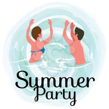 Summertime party, couple dancing in ocean, spending time at summer resort isolated vector banner. People on vacation swim and sunbathing, relaxing on water