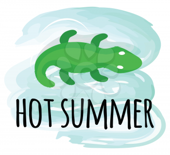 Hot summer isolated label, vector inflatable crocodile in sea waters, cartoon toy. Vector swimming equipment, nautical safety aid, rubber animal, summertime