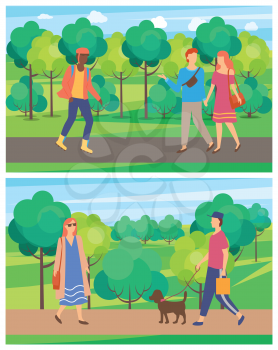 Meeting of man and woman in park, passerby on roller-skates, people going on road near trees, walking of male and female character, person with dog vector