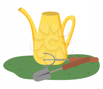 Watering can, shovel and rake garden tools isolated. Vector farmers fork and pitchfork, metal objects with handle. Gardening equipment, work instruments