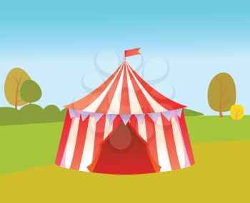 Performance in circus vector, meadow and nature with trees and greenery flat style. Text with stripes and flags, entertainment for children and adults