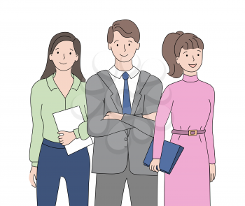 Employees closeup view, drawing people in suit holding documents, business colleagues, successful teamwork, professional man and woman, corporate vector