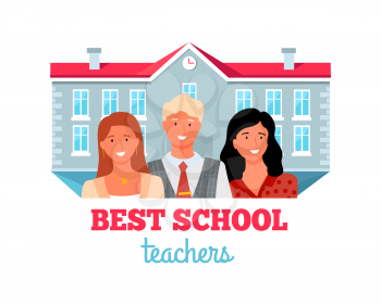 Best teachers, people working in education. Elementary, high and primary school workers, building on background. Vector group portrait of man and women