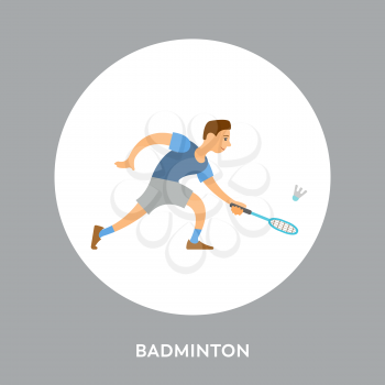 Racquet sport competitors on tournament. Badminton player with racket hitting shuttlecock or birdie cartoon character in round frame. Vector men hitting bird