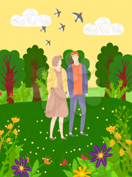 Happy couple on meadow with flowering plants, flying birds in sky and green grass. Vector blooming buds, eco clean nature and forest with trees
