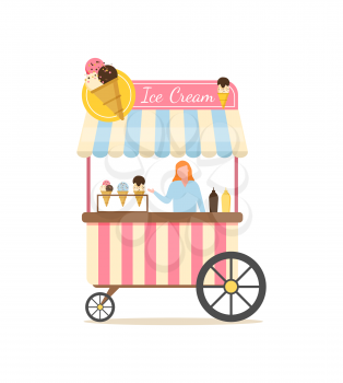 Salesperson in ice cream store vector, shop selling desserts with different flavours and toppings, woman with food for summer season isolated flat style