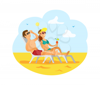 Beach summer vacation vector, man and woman holding cocktail beverage with straw. Lifestyle of lady, summertime relaxation of couple on chaise longue