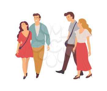 Man and woman in love vector, people walking holding hands, boyfriend and girlfriend showing emotions, happy couples set, isolated male and female