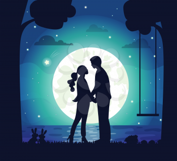 Moonlight and romantic atmosphere vector, man and woman on secret date, moon and stars, trees and lake, rabbits and forest animals with swings flat style. Night dating