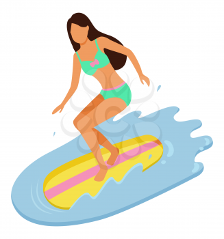 Young beautiful girl wearing light green swimming suit surfing in ocean. Woman with long brown hair in bikini on surfboard. Summer vacation, water sport vector. Summertime activity