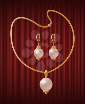 Set of jewelry items. Golden necklace and earrings with pearls. Elegant and vintage pendant. Expensive and luxury accessories collection vector image