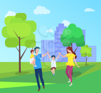 Mom and dad, boy and girl spend time together outdoors. Vector family mother father son and daughter walking in urban city park with trees and buildings