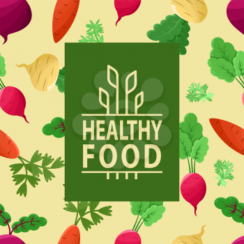Healthy food vector, vegetables on background of pattern made of veggies, carrots and beetroots, radish and foliage of plants flat style poster, dieting nutrition
