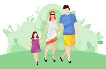 Young couple with child walking in park and holding hands. Mother, father and little daughter outdoors.Woman wearing sunglasses. Parents and kid vector