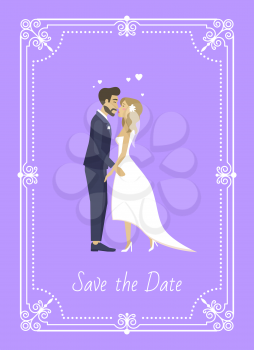 People inviting on wedding ceremony vector, save the date in frame, ornamental shape with decor and text. Bride and groom kissing, man and woman in love