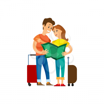 Traveling people with map reading atlas vector. Man and woman looking at printing material, baggage and luggage of travelers, tourists on vacation