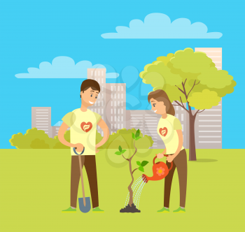 Volunteers planting tree in city park. Vector man with shovel digging ground and woman with watering can waters plant at spring time, cityscape background