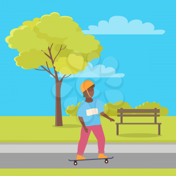 Summer sport activities in park, boy wearing helmet on skateboard. Vector teenager character skating, skater in casual clothes, green trees and bench