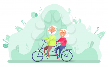 Elderly people driving bicycle together, grandparents active outdoor. Healthy hobby of grandmother and grandfather in casual clothes, eco transport vector