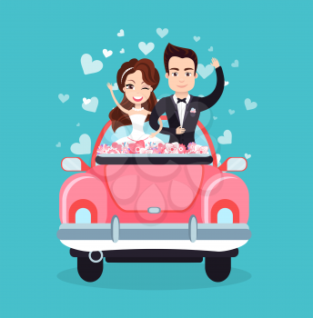 Bride wearing dress and groom in suit vector, car taking couple to honeymoon, newlywed people waving hands, hearts and love cheerful pair flat style
