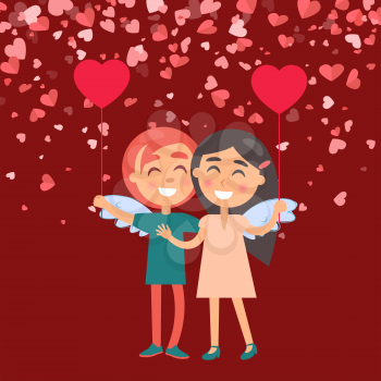 Enfolding smiling girl and boy holding heart-shaped balls vector. Holiday card in red color, portrait view of cheerful embracing woman and man with wings