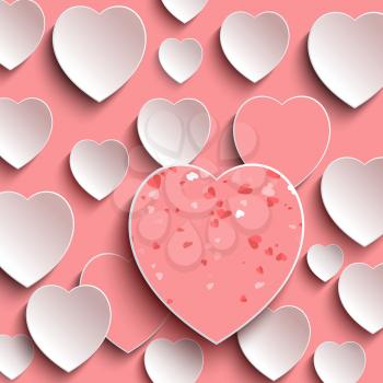 Greeting card with 3D hearts, Valentines day background in pink and white colors. Heart-shape frame, glittering elements and symbols of love on postcard