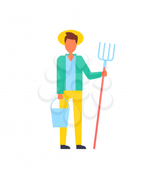 Farmer man living in rural area wearing hat and carrying bucket with hay-fork. Professional farming person in countryside. Occupation agronomist vector