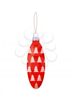Oval red ball with pattern of trees and thread for hanging. Colorful single Christmas toy for decoration in realistic style isolated on white vector