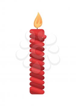 Red burning isolated candle with fire Christmas and new Year decorative element. Romantic swirled burning object, spa aroma paraffin object, vector icon