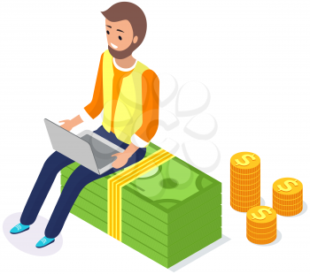 Businessman working at computer and sitting on green money. Bundle of dollars next to gold coins on white background. Young person with beard makes money, analyzes data and surfs on internet
