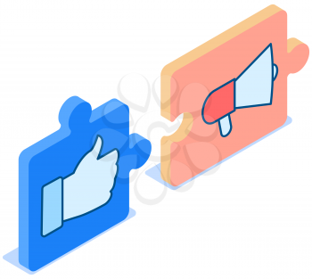 Megaphone icon on puzzle block, loudspeaker sound amplification device on white background. Thumb up icon. Hand gesture, clenched fist and finger raised up on puzzle block vector illustration
