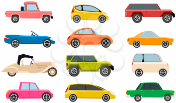 Set of modes of transport and machine shapes. Transport isolated on white background. Crossover, hatchback, pickup, cabriolet vehicle vector illustration. Cars of different types without drivers